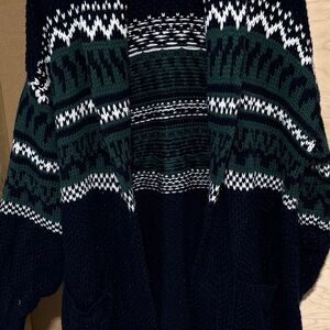 Lane Bryant Dark Green Black & White Patterned Knit Cardigan